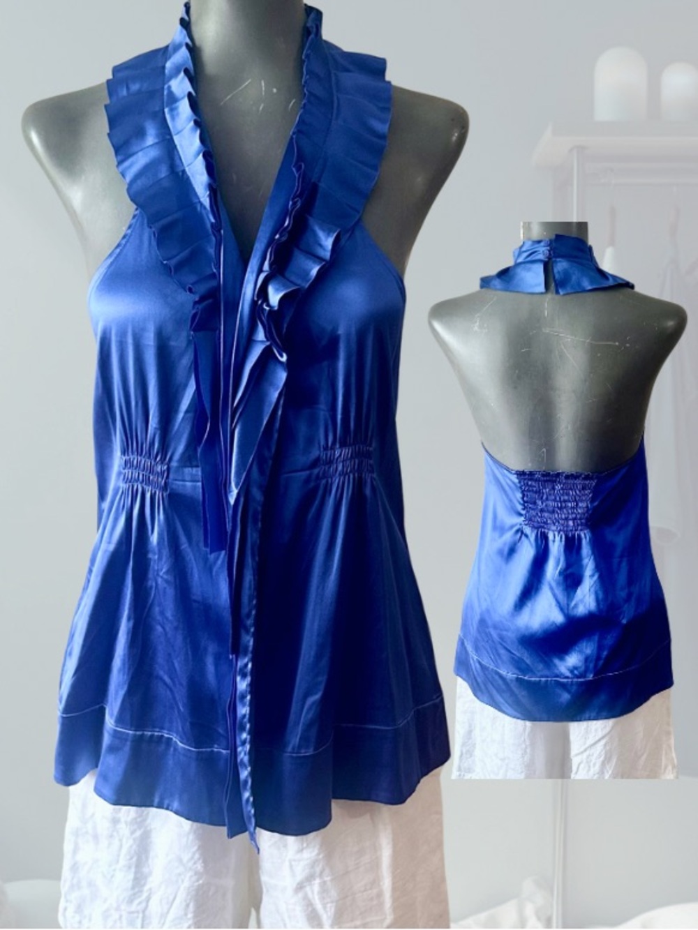 BCBGMaxAzria Royal Blue Silk Y2K Vintage Ruffled Halter Camisole